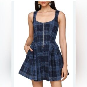 Avec Les Filles Navy Plaid Zip-Front Mini Dress